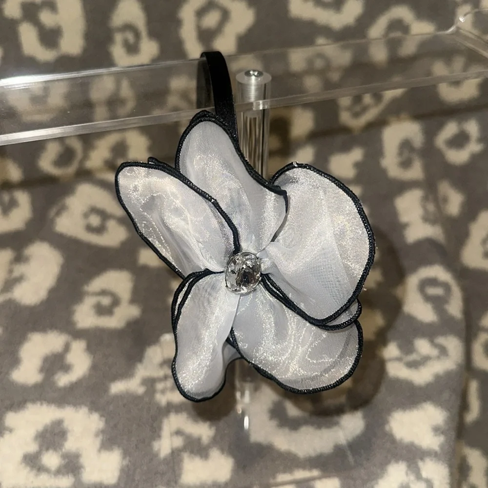 Tasha Black Band with Elegant Sheer White Flower with Clear Rhinestone Headband - Picture 11 of 17